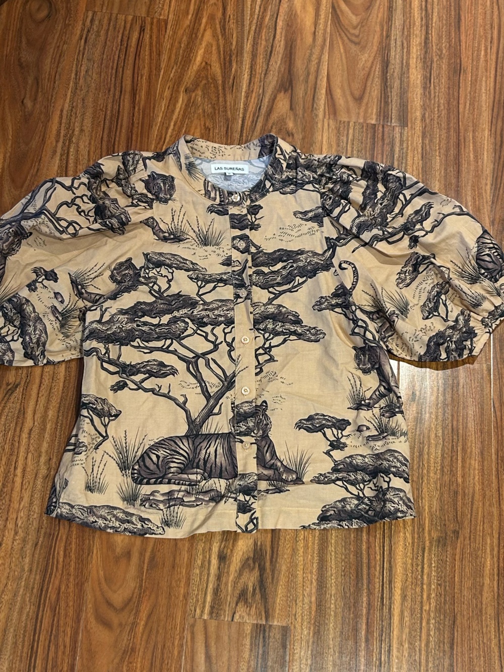 Las surenas tiger safari linen cotton puff sleeve top size small